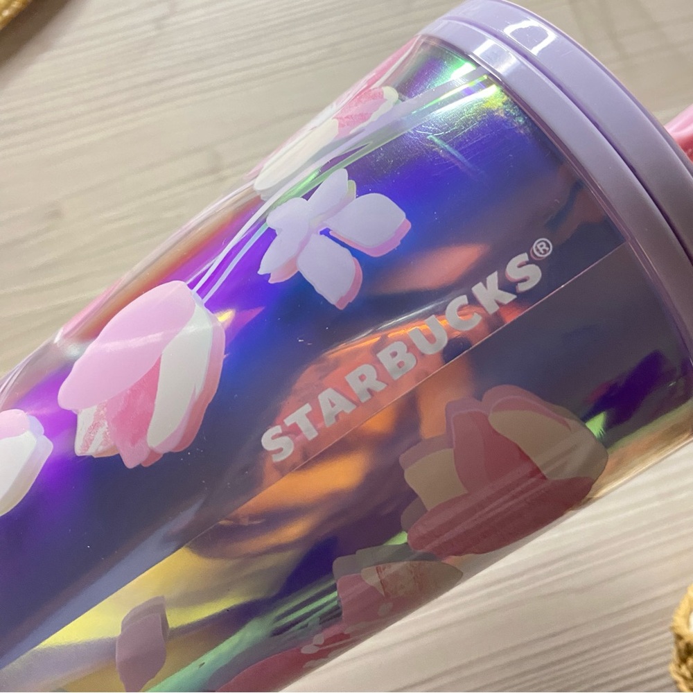 Starbucks Pink Silver Stainless Steel Floral Cherry Blossom Tumblers | 24 OZ - Picture 3 of 6